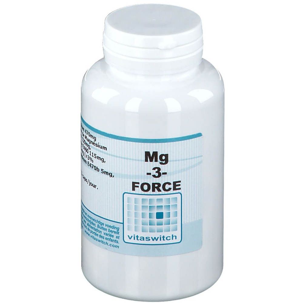 Witte fles met capsules. Opschrift Mg-3-FORCE en VITASWITCH. Blauwe band.