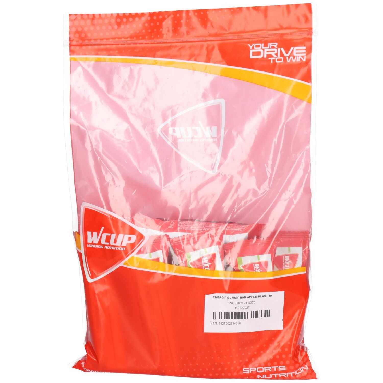 Transparante verpakking met rode individuele verpakkingen. Wcup-logo en tekst. Etiket met productinformatie.