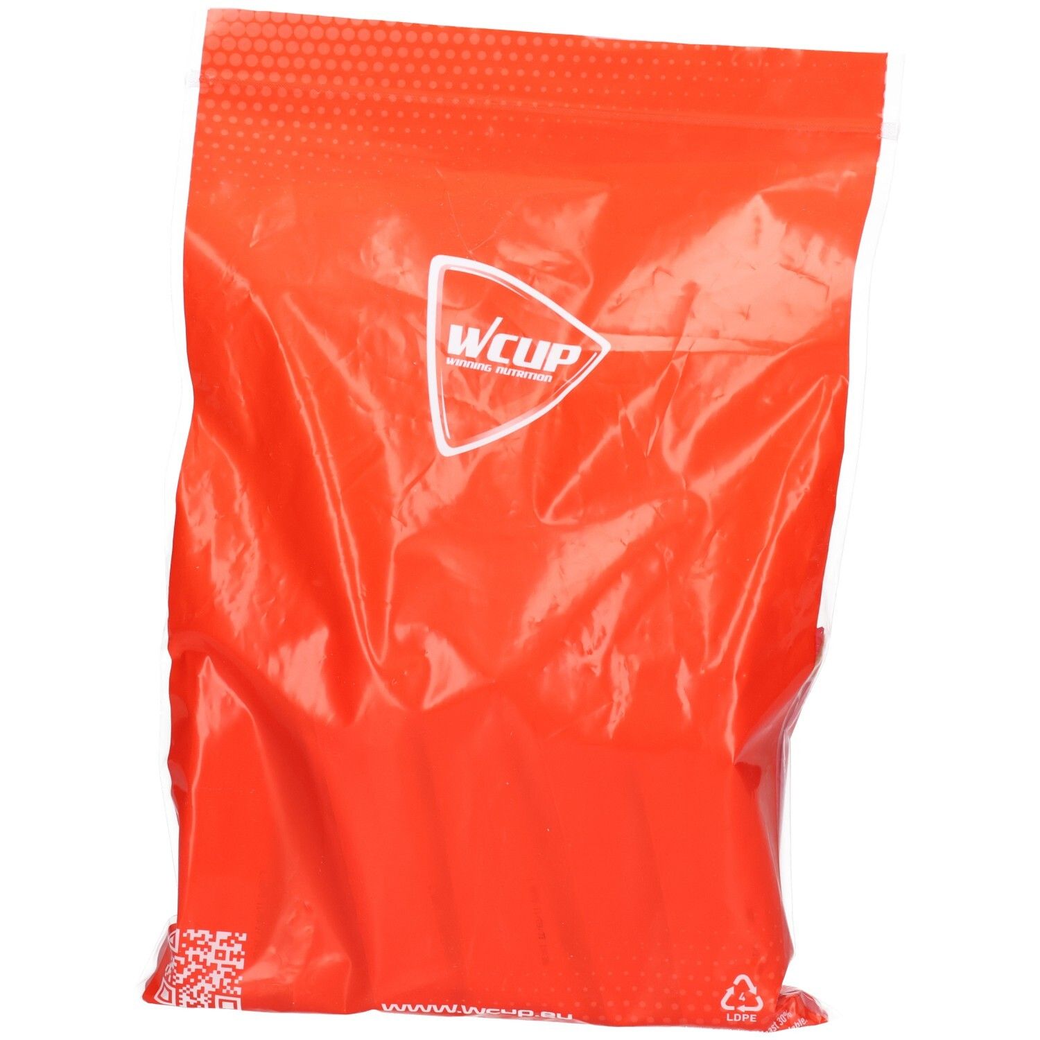Rode verpakking met Wcup-logo. Plastic verpakking met ritssluiting.