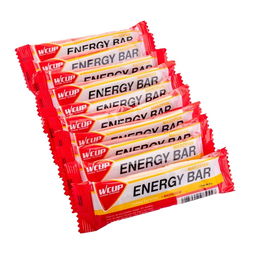 Tien individuele WCUP energierepen Marzipan, rood-wit verpakt.