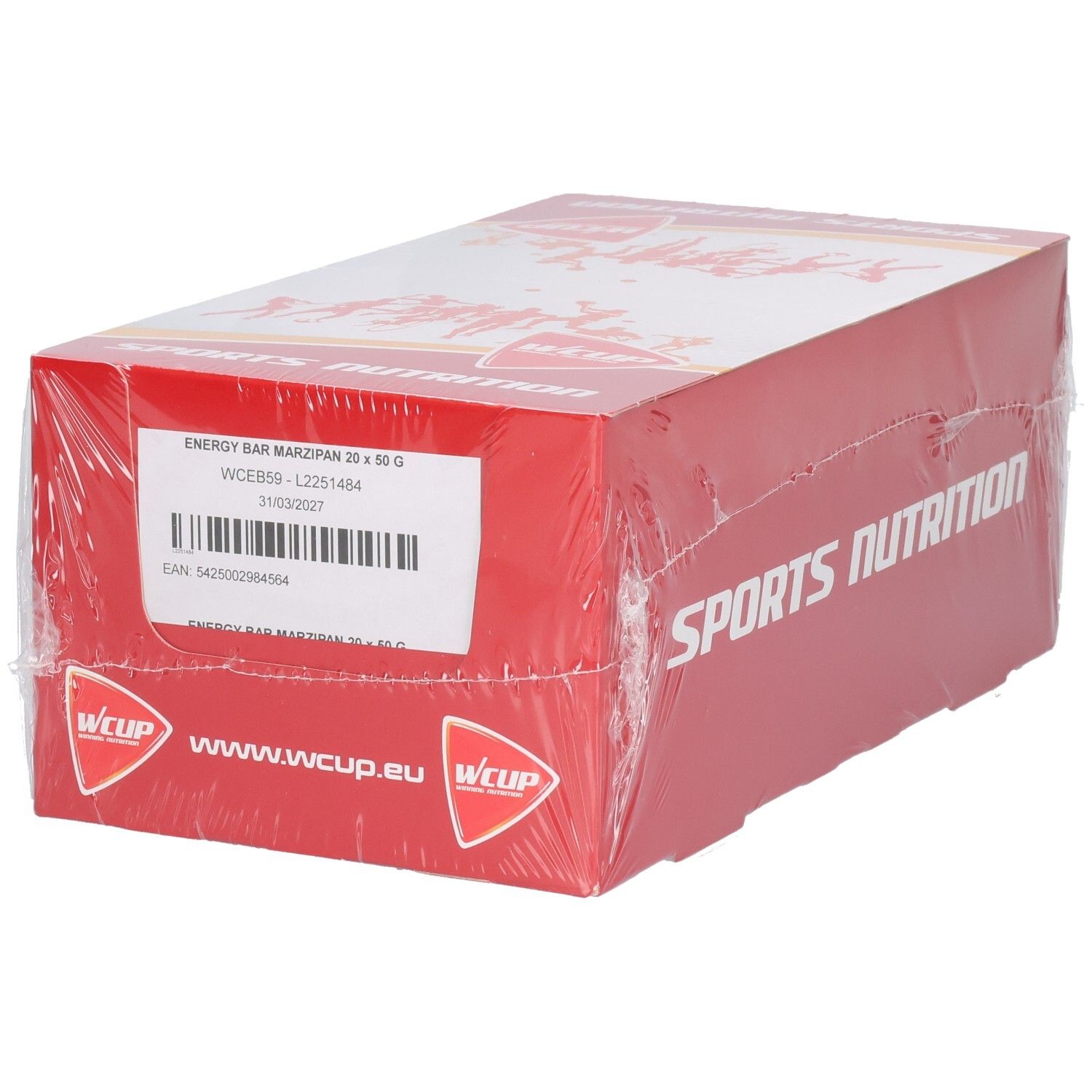 Rode kartonnen verpakking, omwikkeld met transparante plastic. Opschriften: ENERGY BAR MARZIPAN 20 x 50 g, Wcup logo en Sports Nutrition.