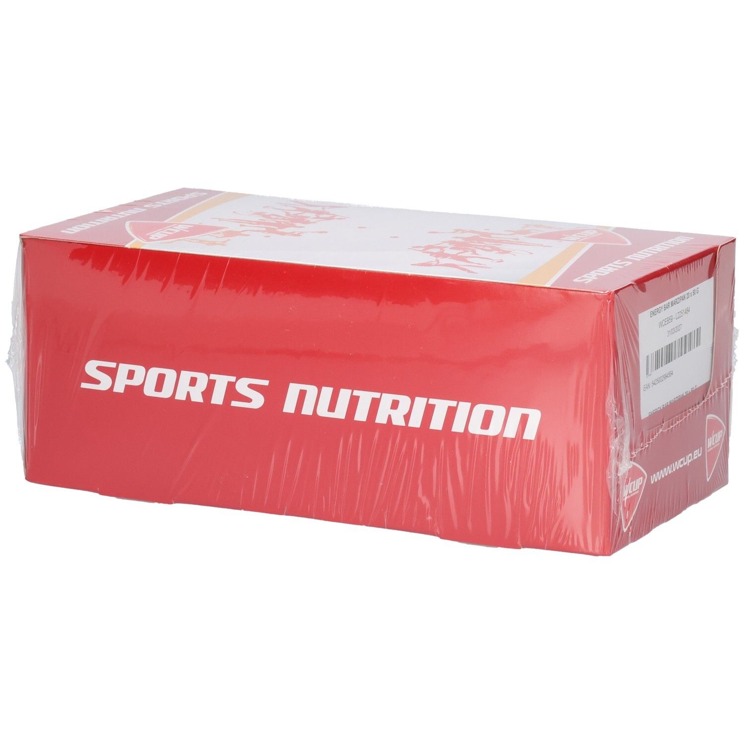 Rode kartonnen verpakking, omwikkeld met transparante plastic. Opschrift: Sports Nutrition.