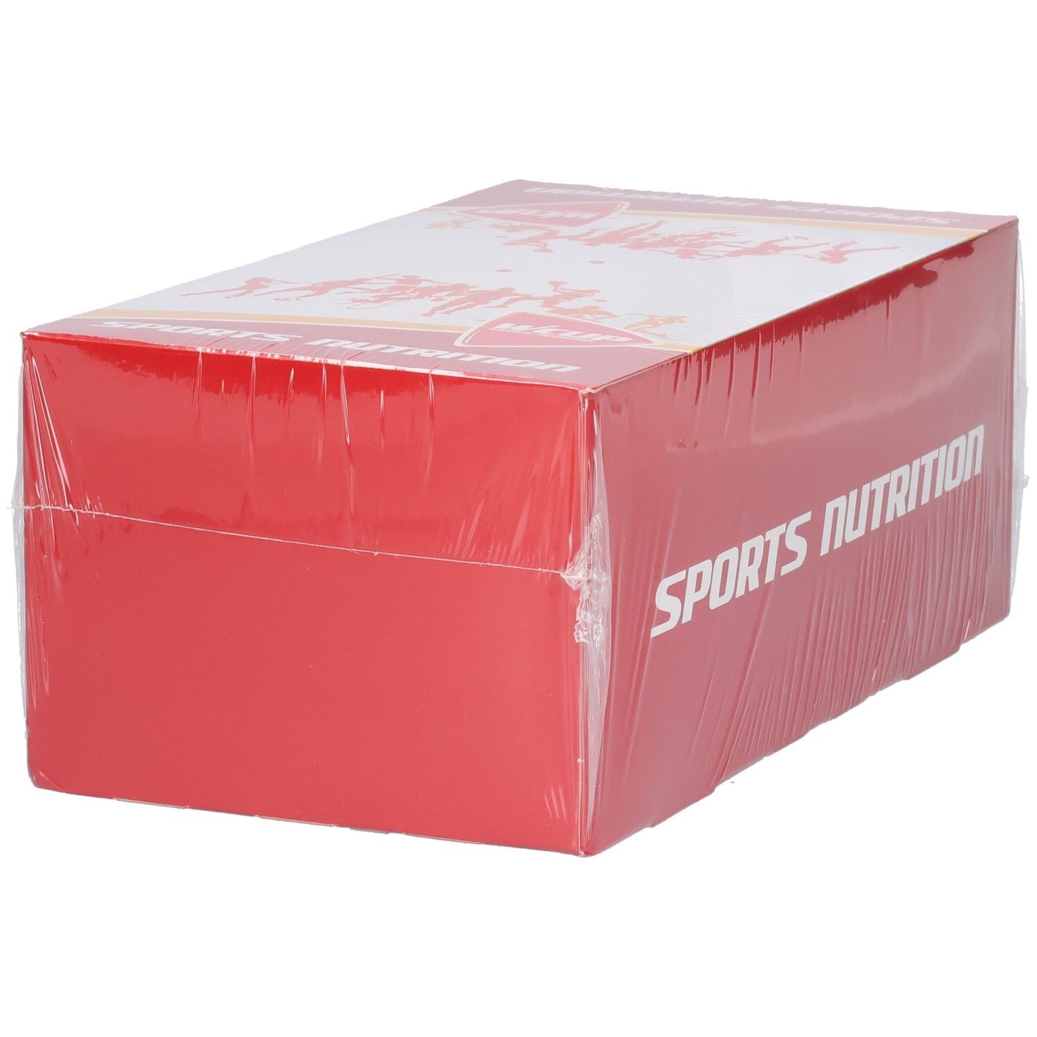 Rode kartonnen verpakking, omwikkeld met transparante plastic. Opschrift: Sports Nutrition.