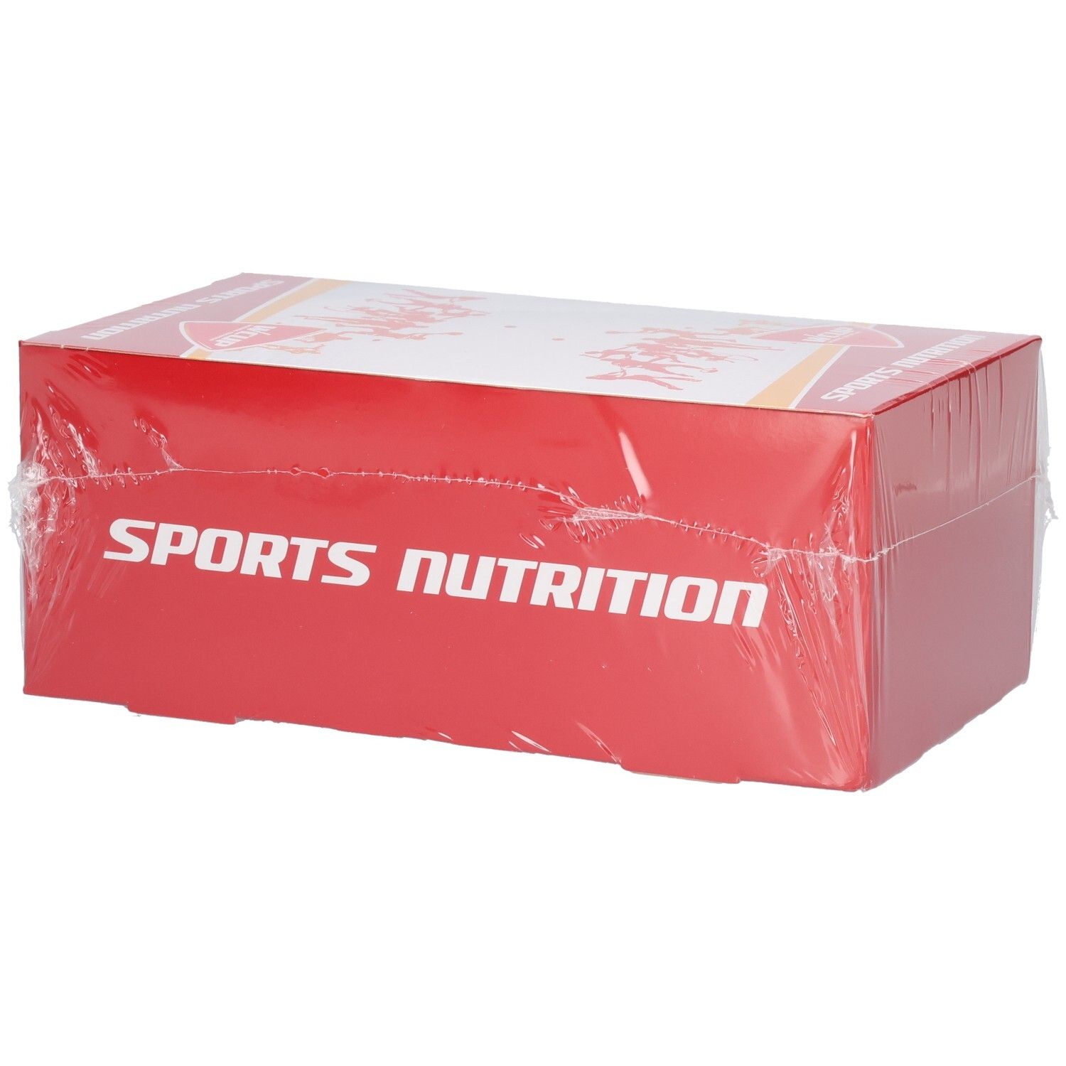 Rode kartonnen verpakking, omwikkeld met transparante plastic. Opschrift: Sports Nutrition.