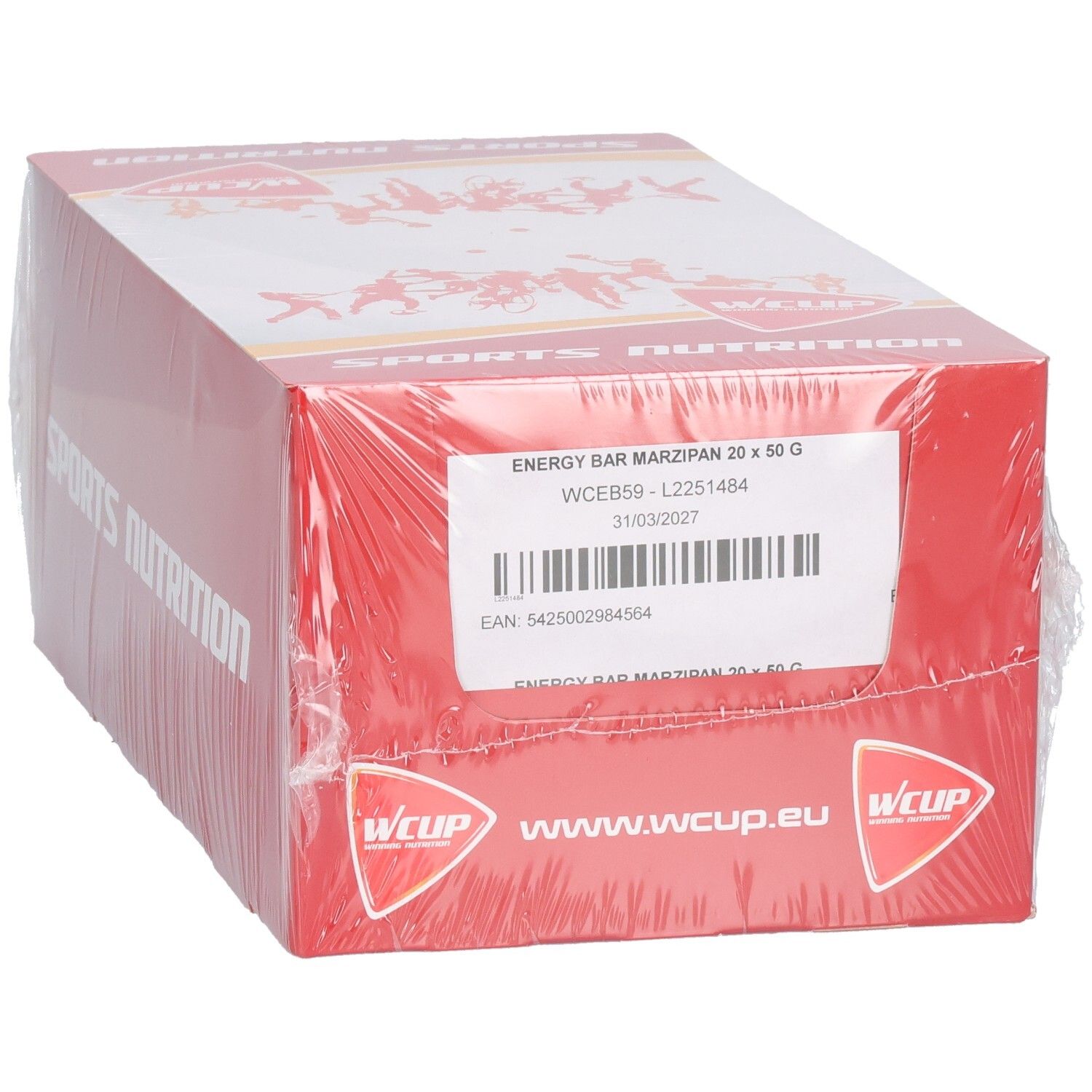 Rode kartonnen verpakking, omwikkeld met transparante plastic. Opschriften: ENERGY BAR MARZIPAN 20 x 50 G, Wcup logo, www.wcup.eu en Sports Nutrition.