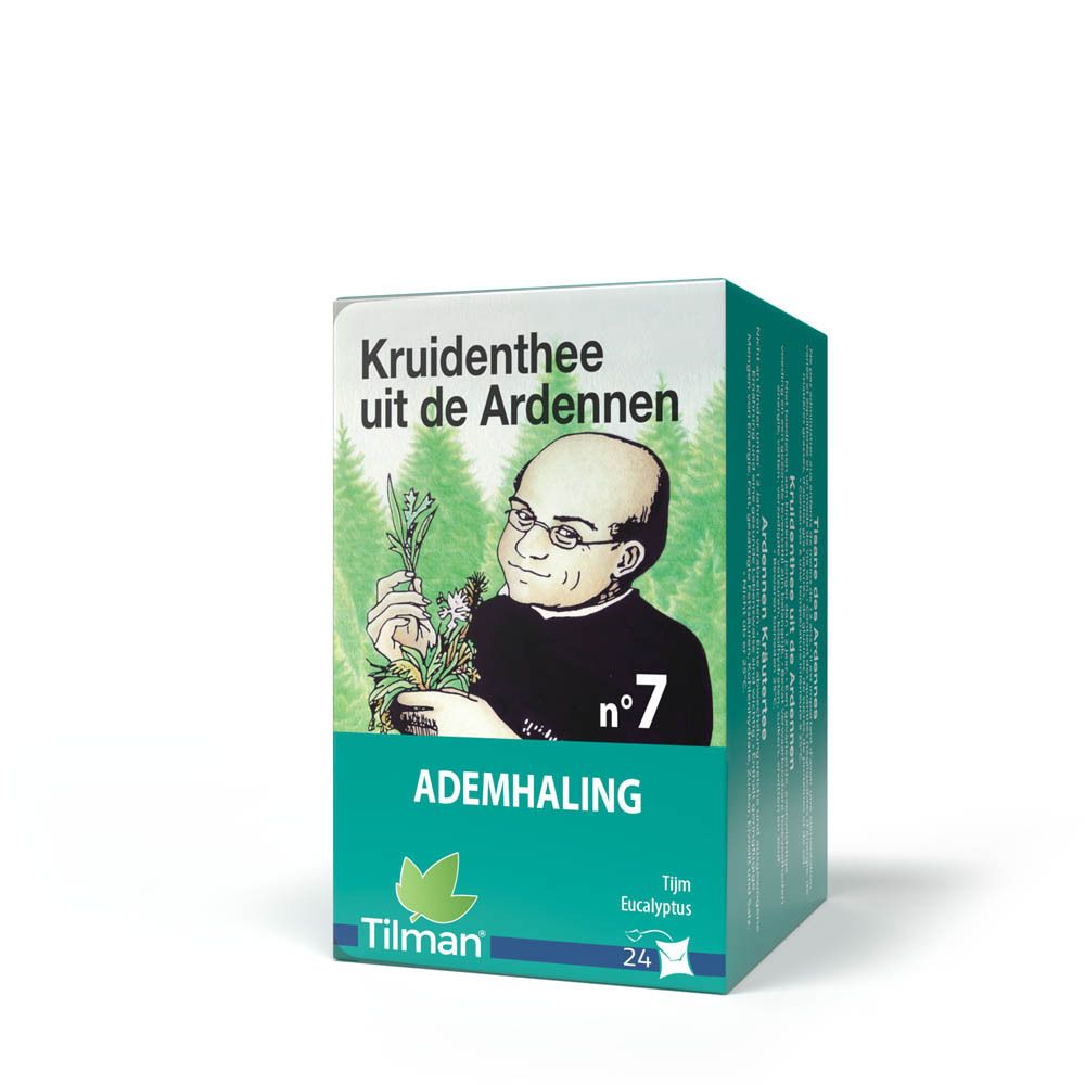 Kruidenthee verpakking met afbeelding van persoon met kruiden. Tekst: Ademhaling, nr. 7, Tilman, 24 zakjes.