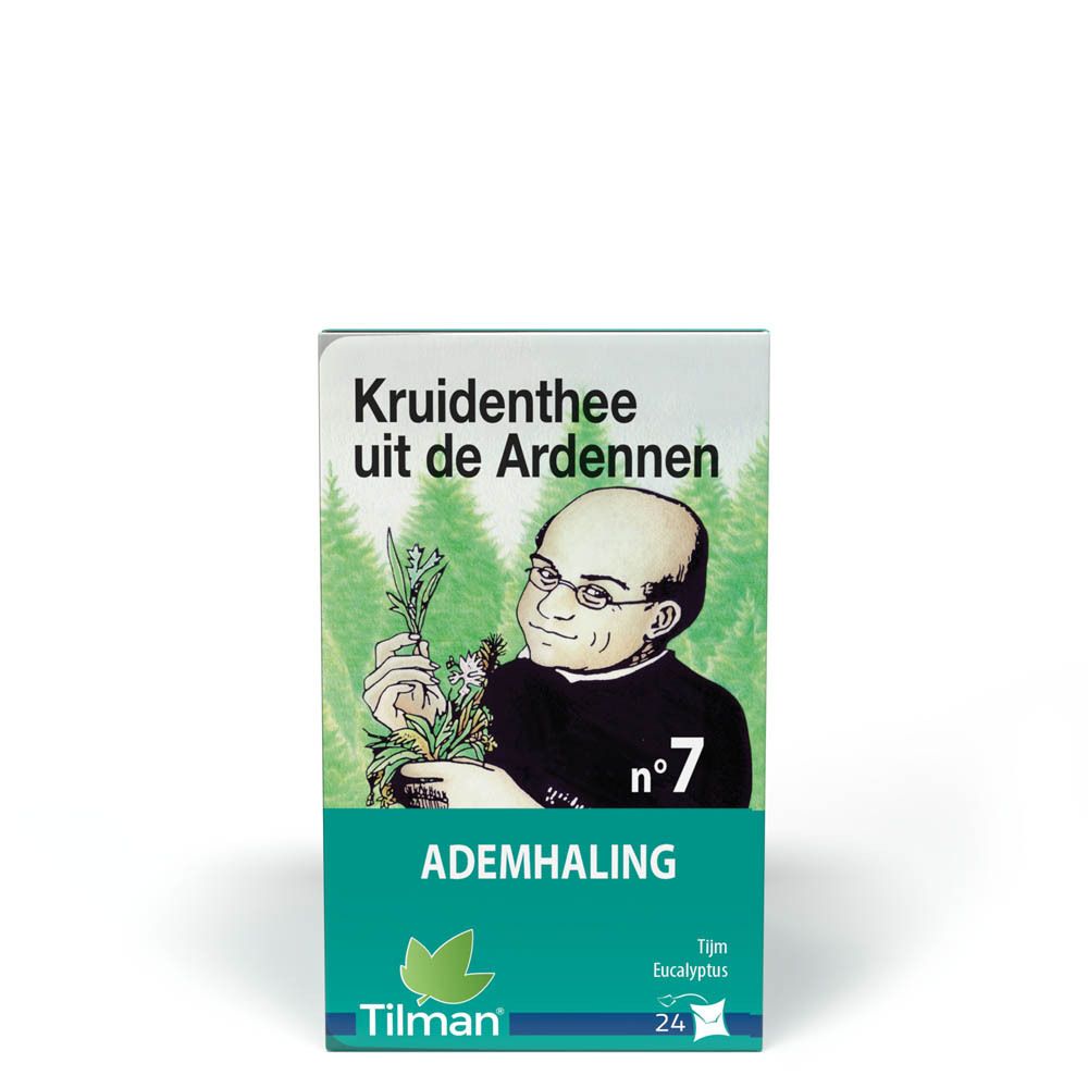 Kruidenthee verpakking met afbeelding van persoon met kruiden. Tekst: Ademhaling, nr. 7, Tilman, 24 zakjes.