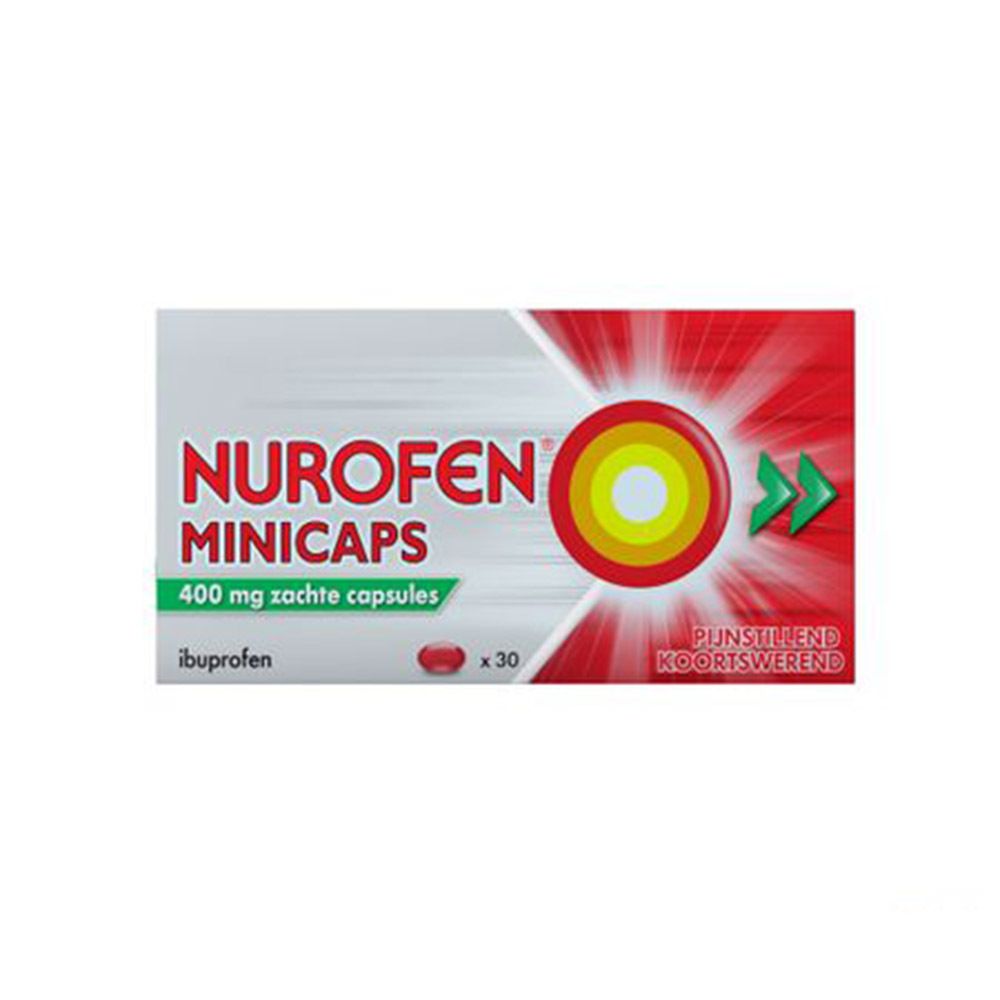 Doosje Nurofen Minicaps 400mg. Nederlandse tekst. Rode en witte verpakking. 30 capsules.