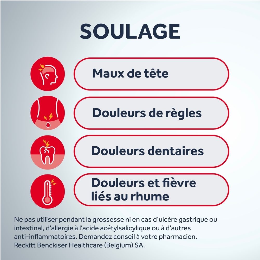 Cercle rouge avec texte et bande rouge. Texte : Nurofen Minicaps 400mg. Plus facile à avaler.