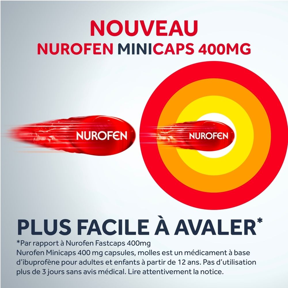 Cercle rouge avec texte et bande rouge. Texte : Nurofen. 2x plus rapide contre la douleur.