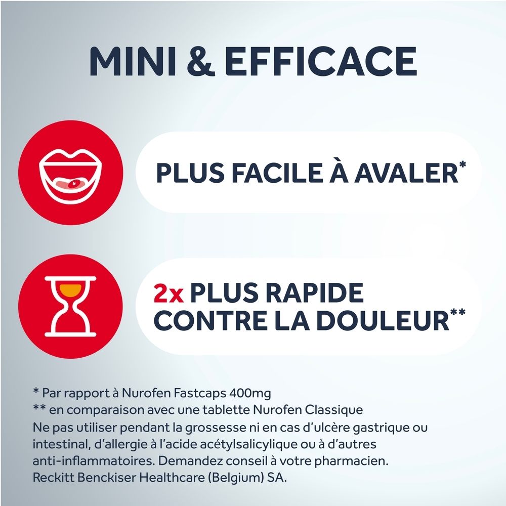Main plaçant un paquet de Nurofen dans un sac rouge. Texte : Peut être pris à jeun.