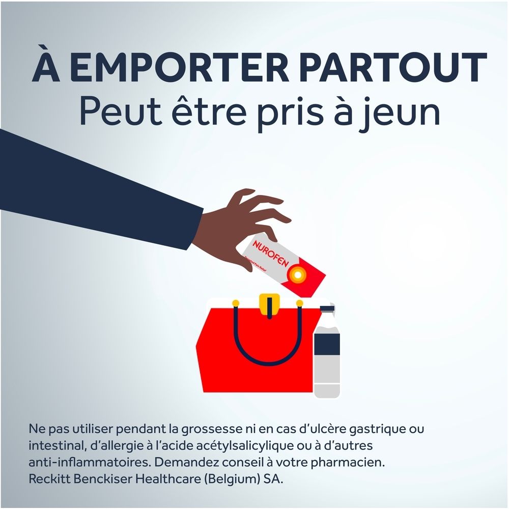Deux capsules ovales, une rouge, une rose. Texte : Nurofen, Standard, Mini. Texte en dessous.