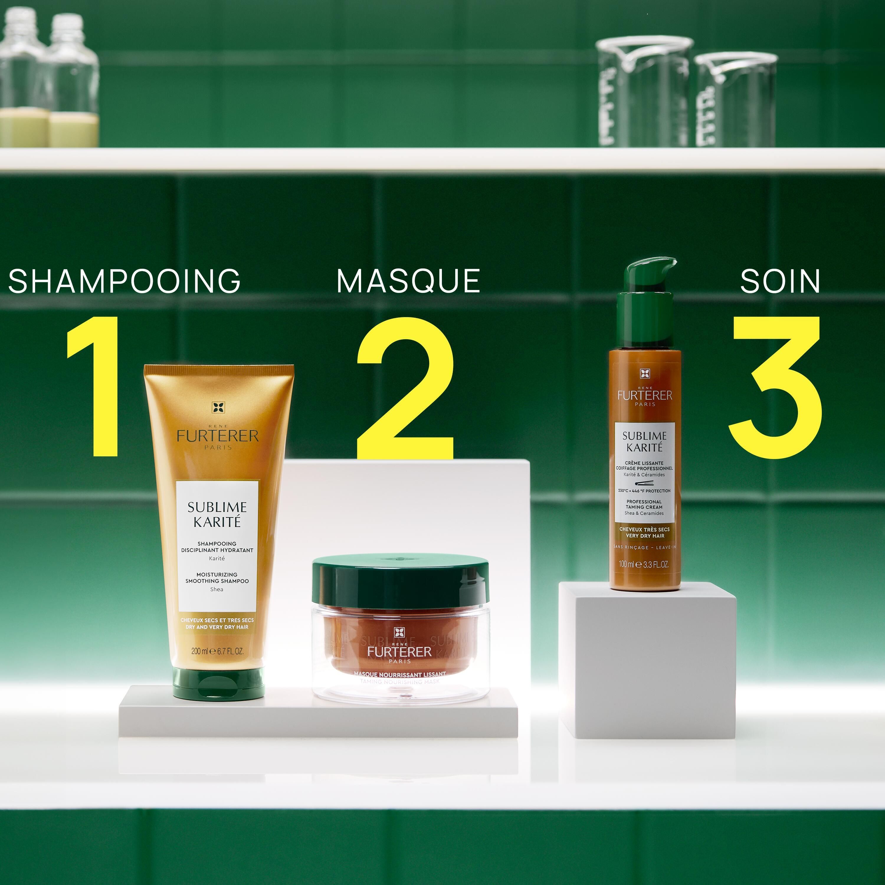 Drie producten op een plank. Shampoo, masker en verzorging. Sublime Karité.