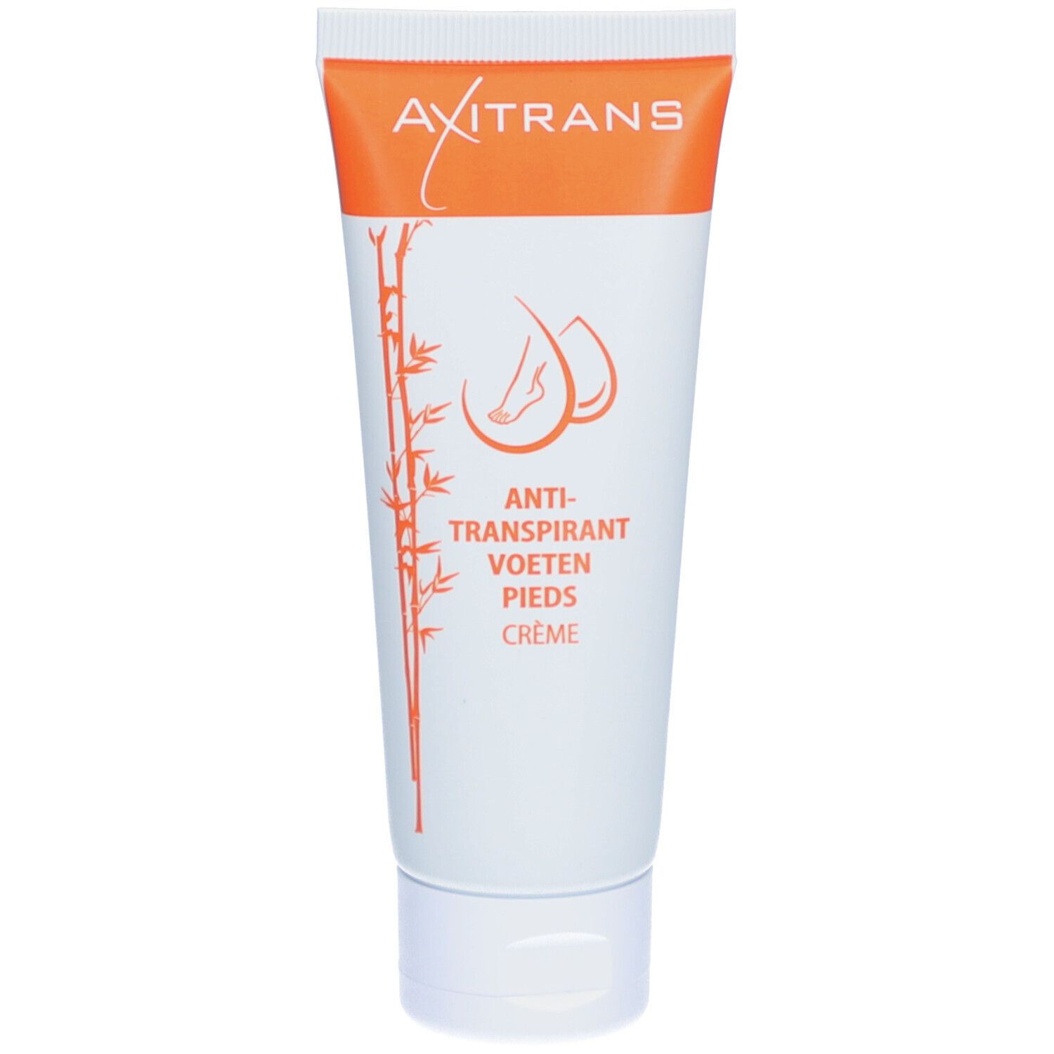 Crèmetube AXITRANS met oranje dop. Tekst: Anti-Transpirant Voeten Pieds Crème. Illustratie van voeten.