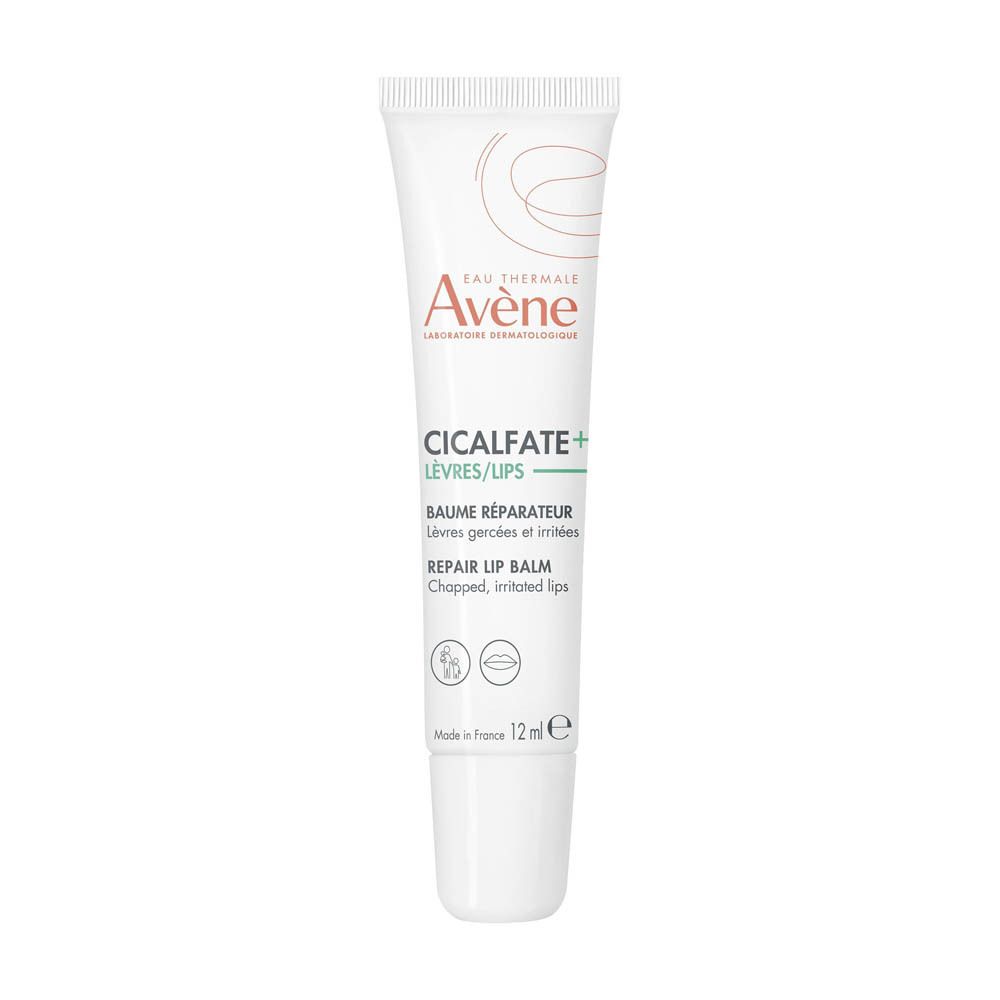 Witte tube Avène Cicalfate+ Lipbalsem. 12ml. Voor gesprongen lippen. Made in France.