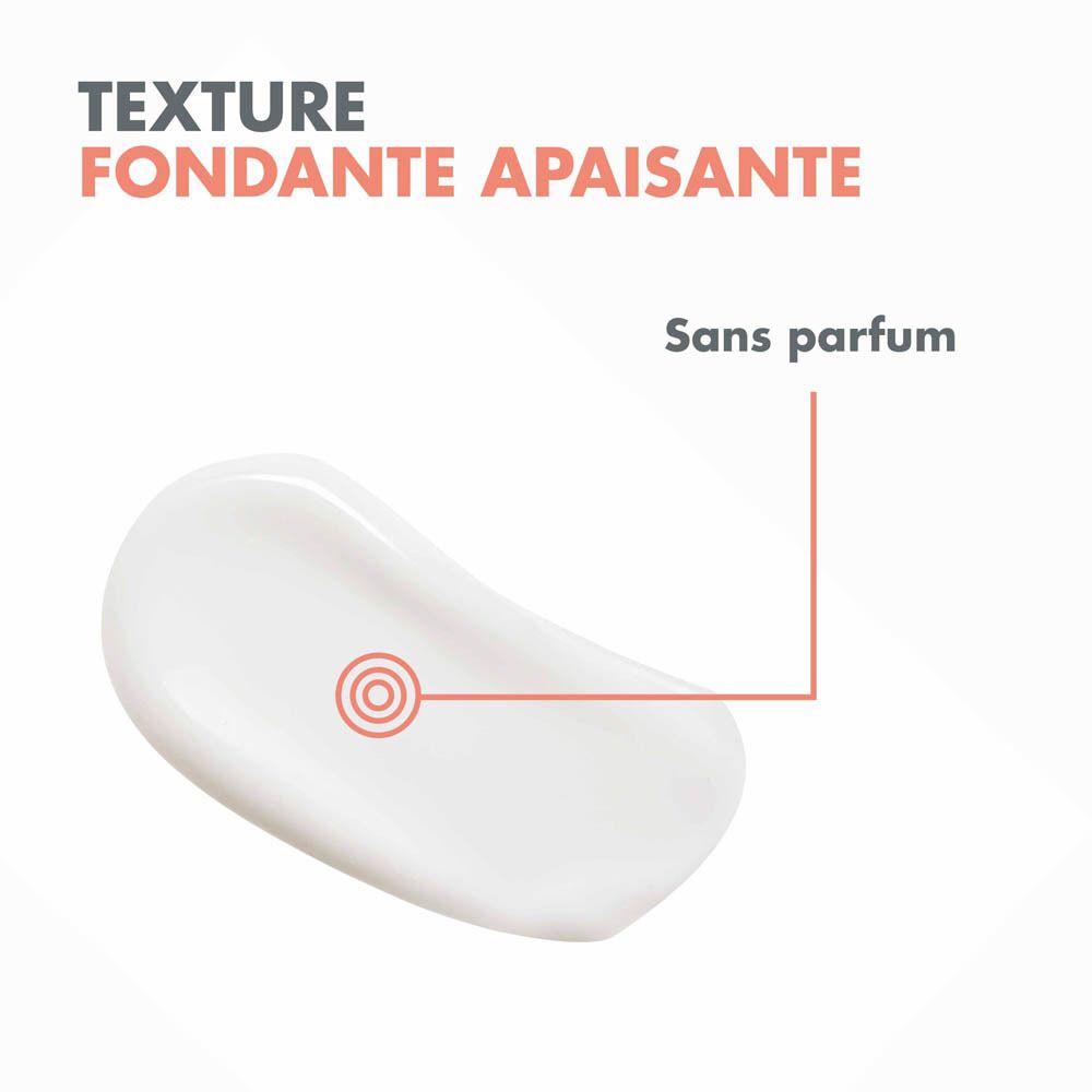 Baume blanc. Texte: Fondante apaisante. Sans parfum. Point rouge.