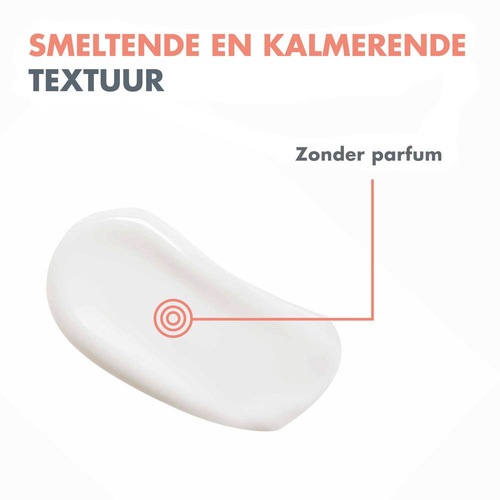 Witte balsem. Tekst: Smeltende en kalmerende textuur. Zonder parfum. Rode stip.