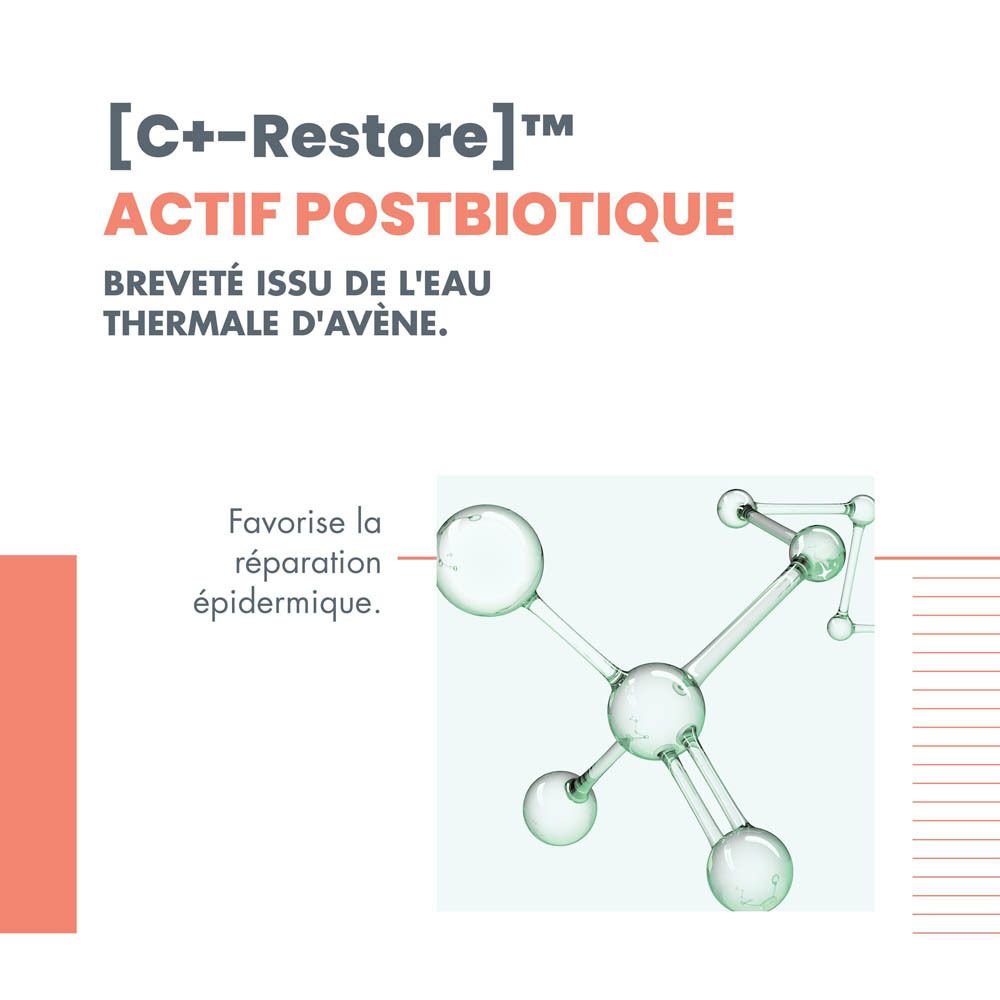 Graphique. Texte: [C++-Restore]™ Actif Postbiotique. Favorise la réparation épidermique.