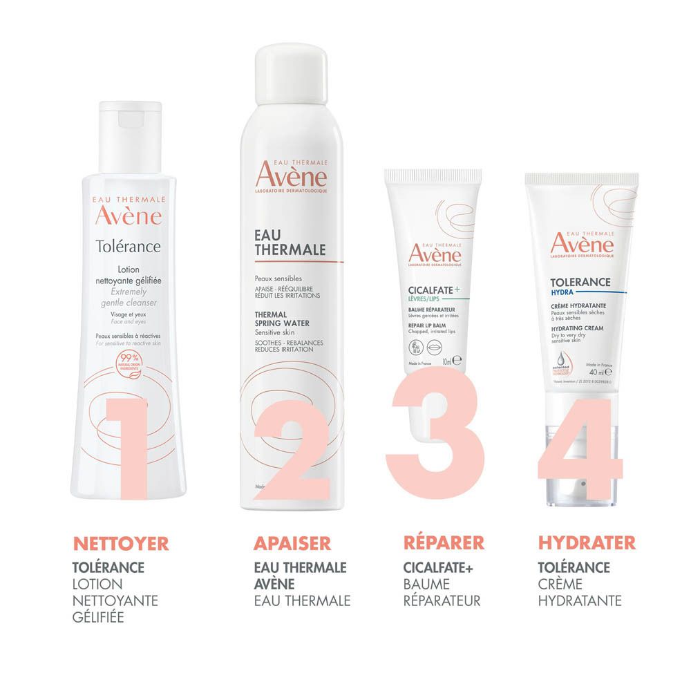 Quatre produits Avène. 1. Nettoyer. 2. Apaiser. 3. Réparer. 4. Hydrater.
