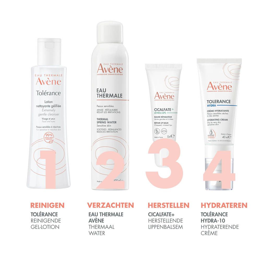 Vier Avène producten. 1. Reinigen. 2. Verzachten. 3. Herstellen. 4. Hydrateren.