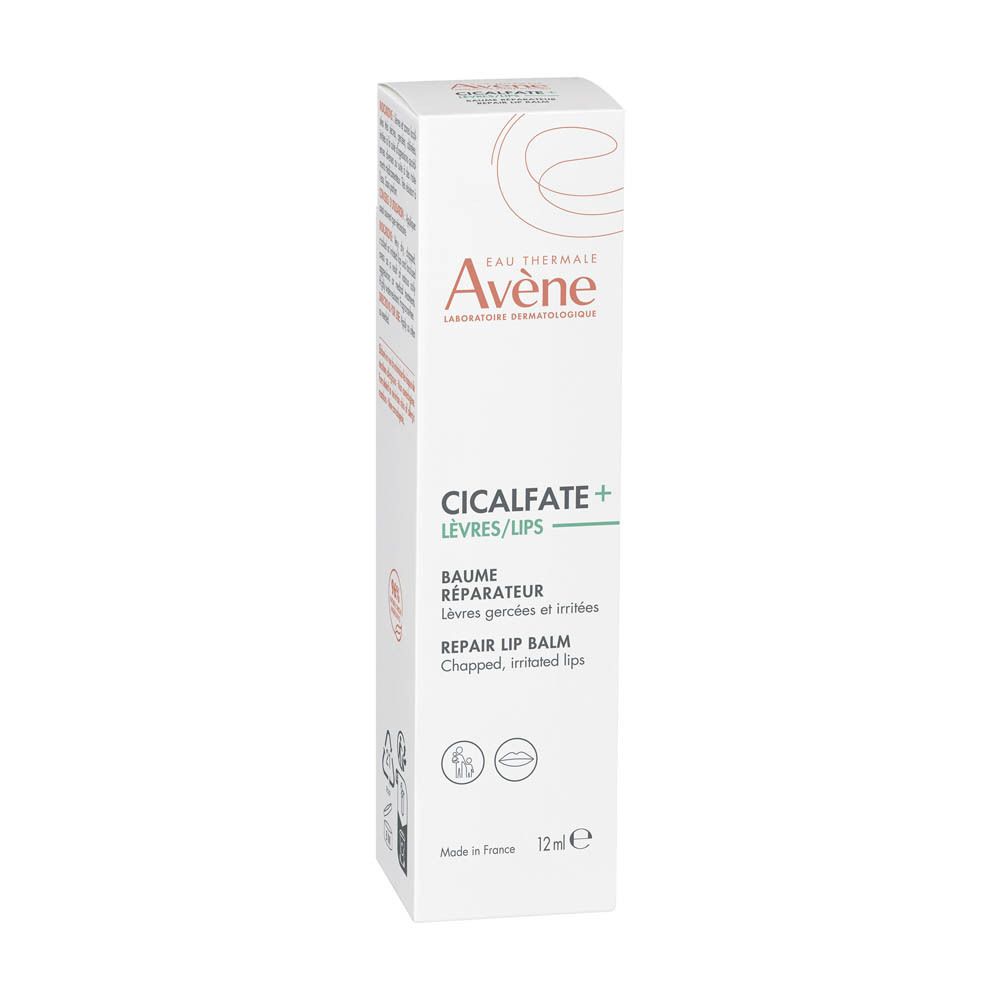 Boîte blanche Avène Cicalfate+ Baume lèvres. 12ml. Pour lèvres gercées.