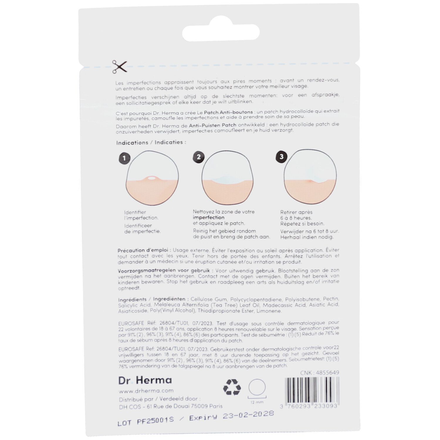 Dos de l'emballage. Texte multilingue. Illustrations d'application. Ingrédients et informations fabricant.