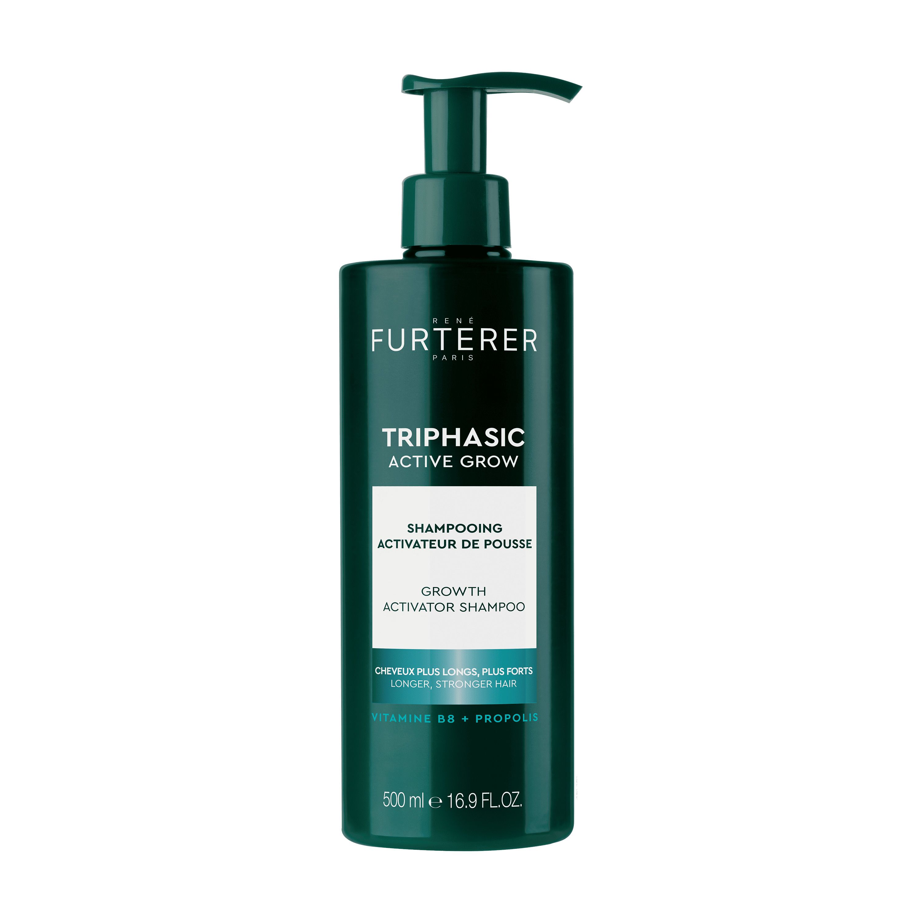 Groene fles met pomp. Opschrift: René Furterer, Triphasic Active Grow Shampooing. 500ml.