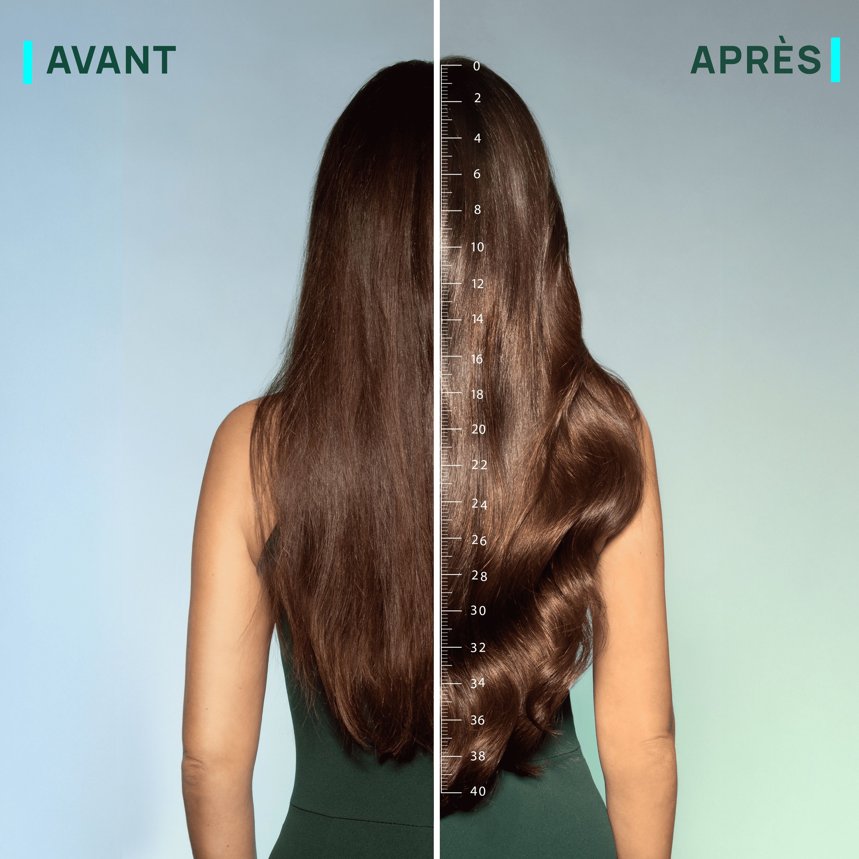 Comparaison avant-après. Cheveux longs. Échelle de mesure. Texte en français.