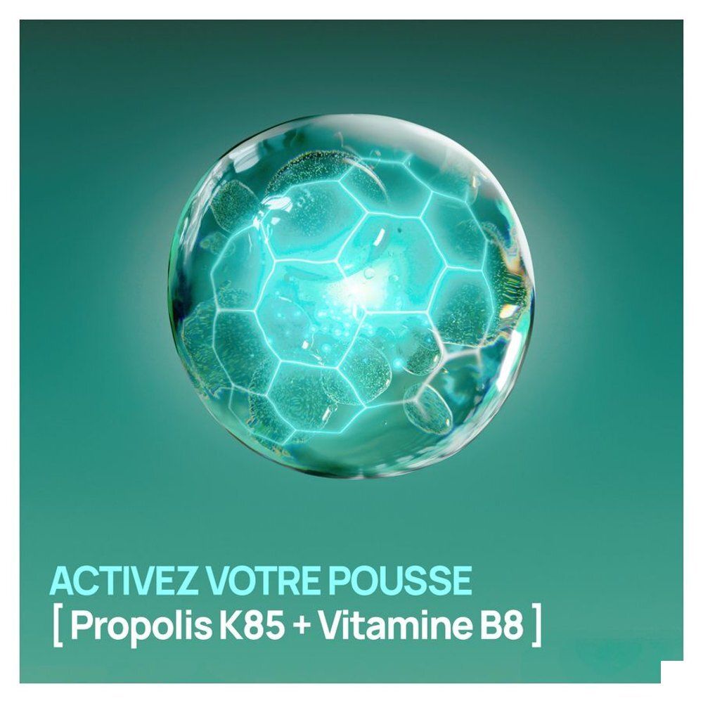 Gros plan sur une sphère avec des bulles. Texte: Activez votre pousse. [Propolis K85 + Vitamine B8].