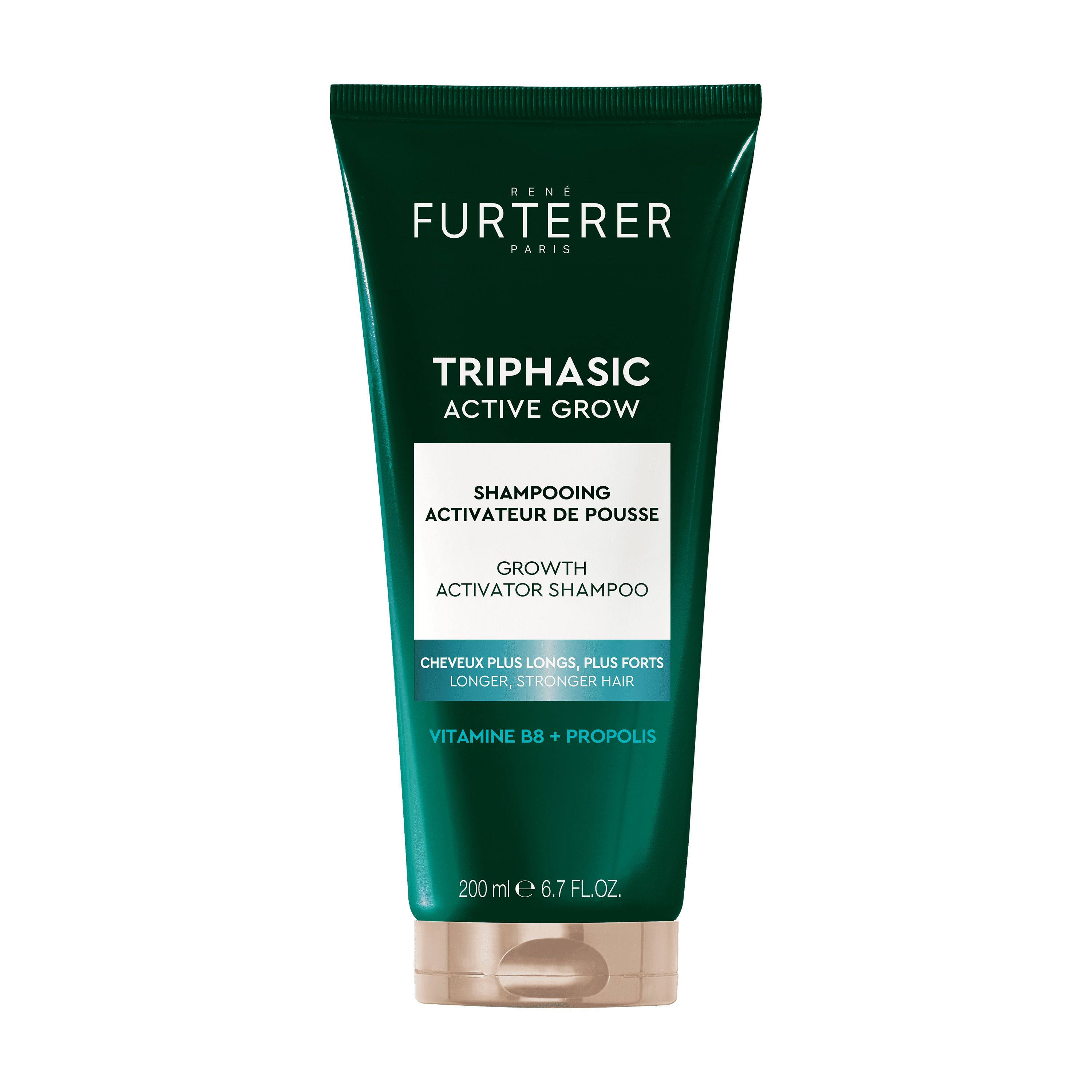 Groene René Furterer Triphasic Active Grow shampoo tube. Tekst: Triphasic Active Grow, Shampooing Activateur de pousse.