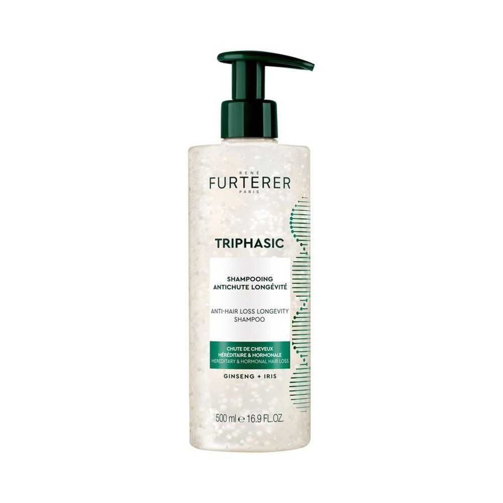 Flacon de shampooing avec pompe. Texte: Furterer Triphasic Shampooing, Anti-chute, Longévité.