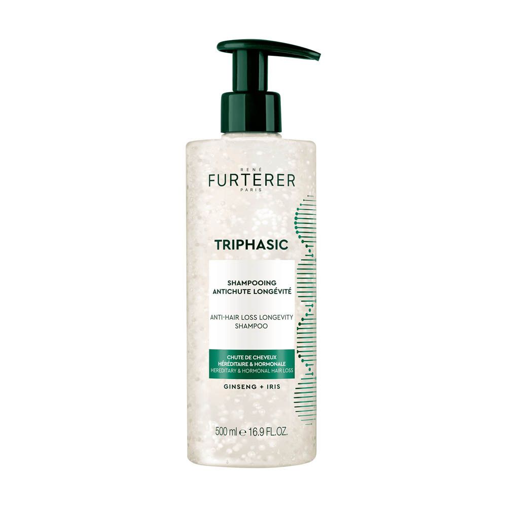 Shampoo fles met pomp. Tekst: Furterer Triphasic Shampoo, tegen haaruitval.