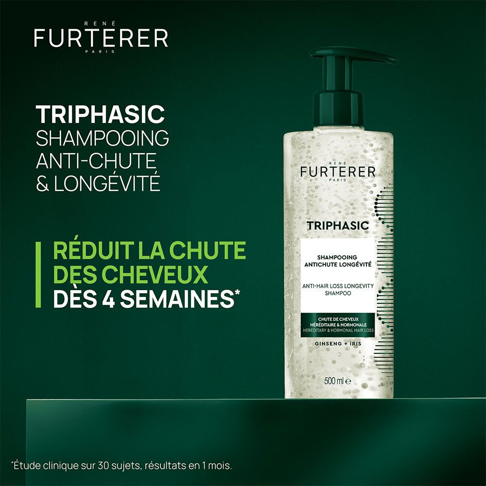 Visuel publicitaire. Flacon de shampooing avec texte: Triphasic Shampooing, Anti-chute, Longévité.