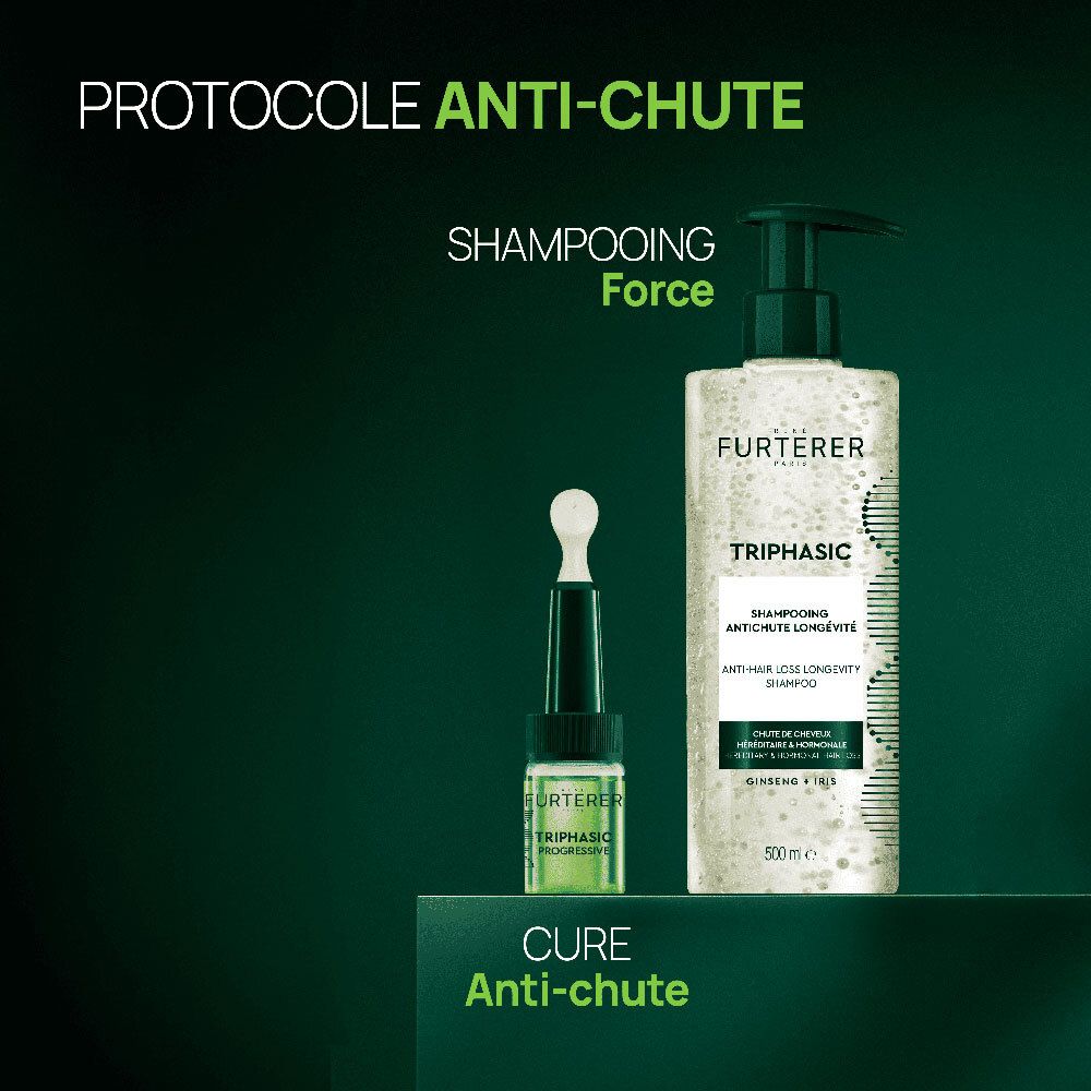 Visuel produit. Flacon de shampooing et ampoule. Texte: Protocole Anti-chute.