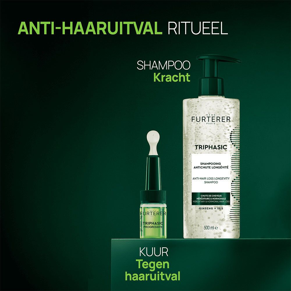 Productbeeld. Shampoo fles en ampul. Tekst: Anti-haaruitval ritueel.