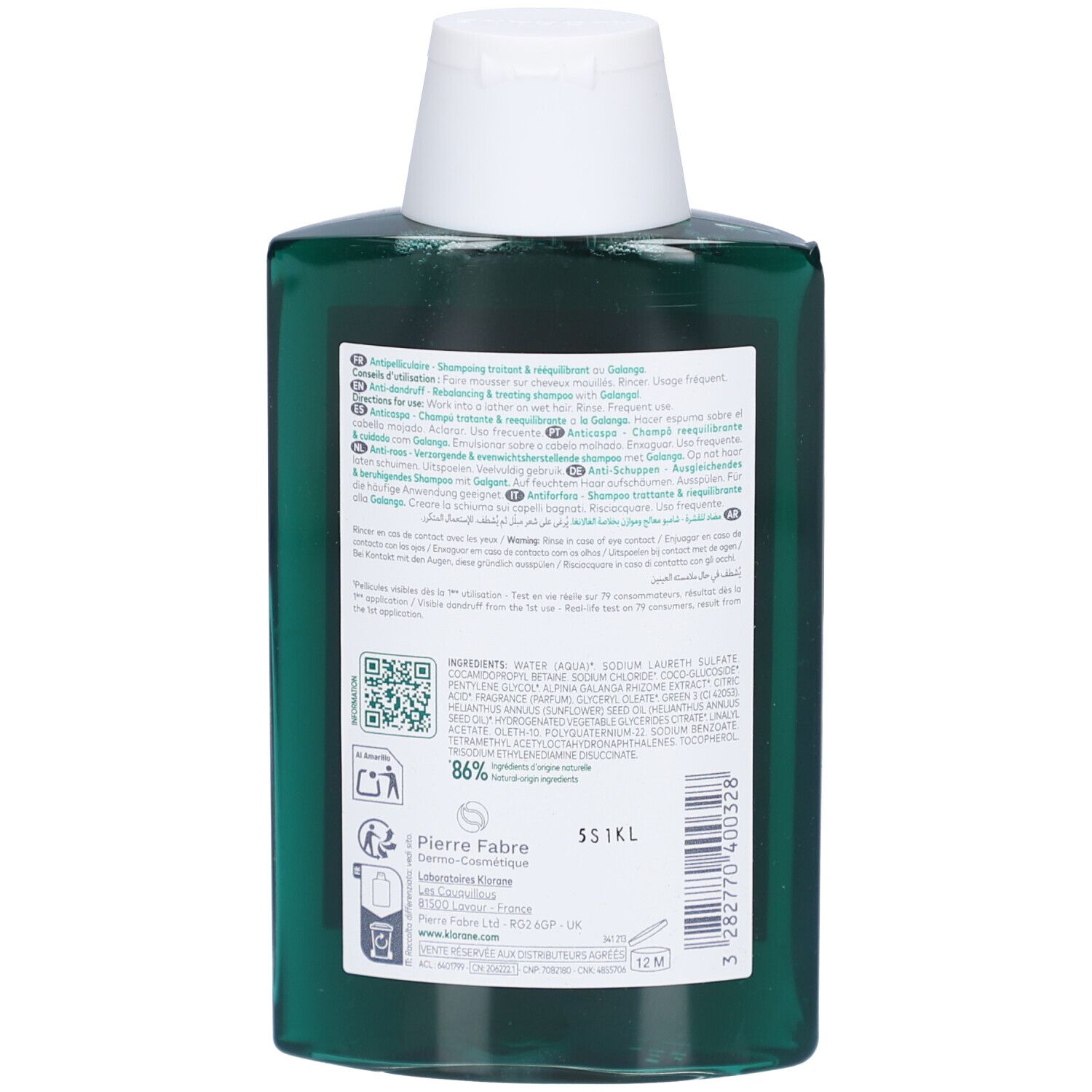 Dos d'un flacon vert avec bouchon blanc. Texte: Klorane, ingrédients, mode d'emploi, symboles de recyclage.