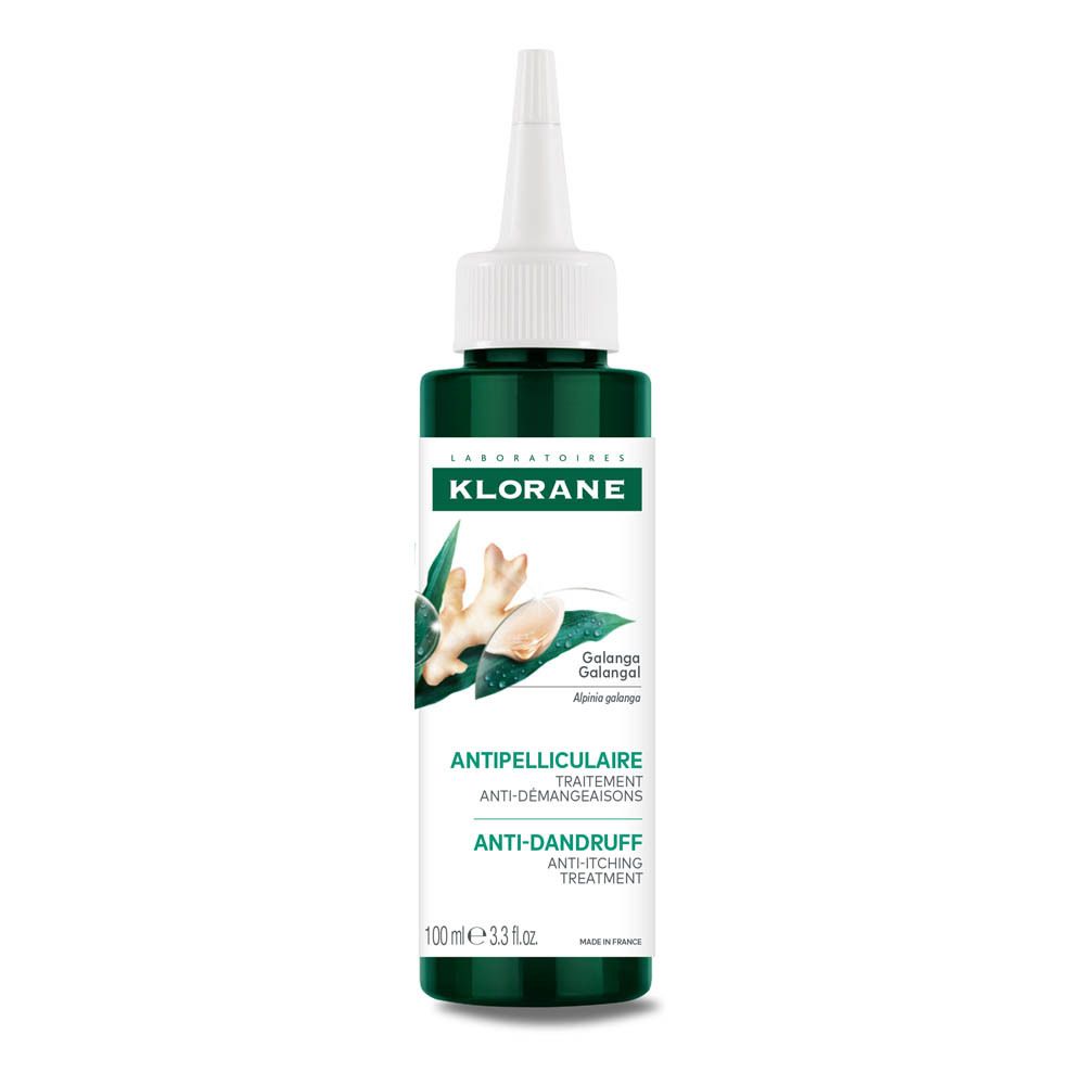 Groene fles met witte applicator. Klorane Antipelliculaire. Anti-roos behandeling.