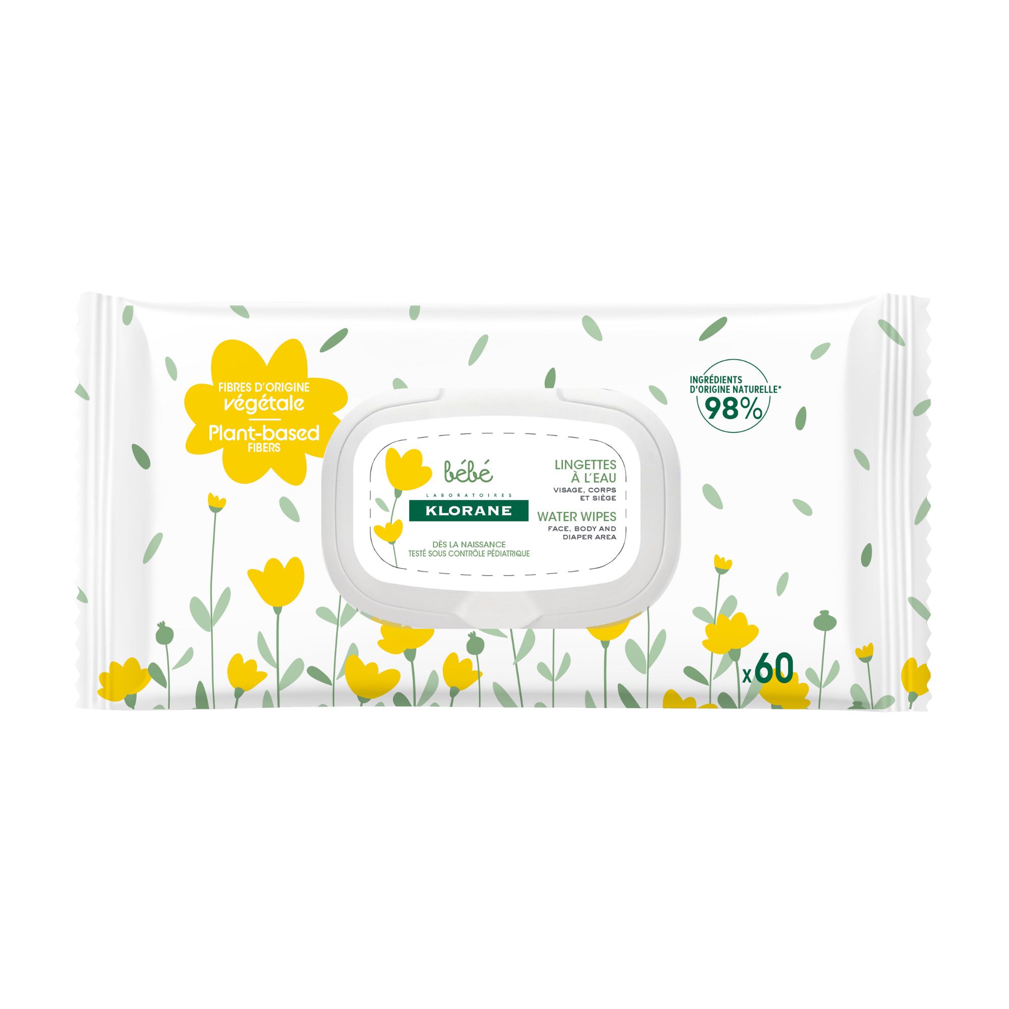 Verpakking Klorane Bébé water wipes, 60 stuks. Witte verpakking met gele bloemen en productinfo.