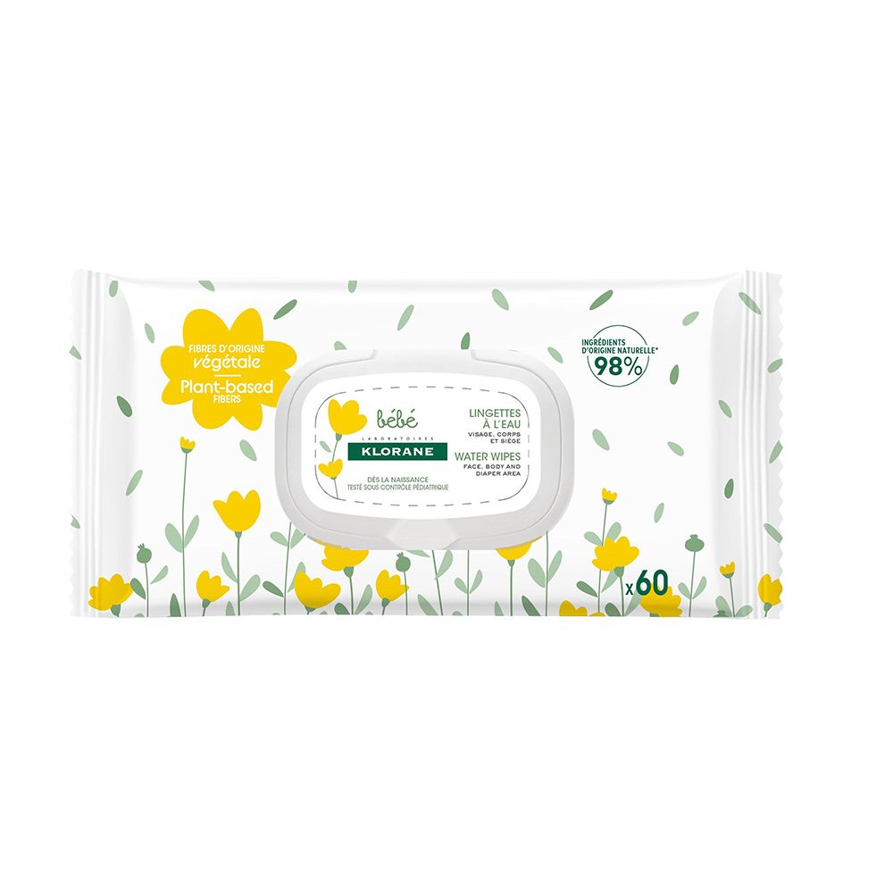 Klorane Bébé water wipes. Witte verpakking met gele bloemen. 60 doekjes. 98% ingrediënten van natuurlijke oorsprong.