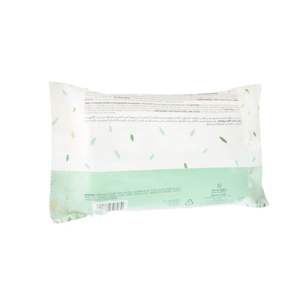 Dos du paquet de lingettes Klorane Bébé. Texte et logos sur fond blanc et vert.