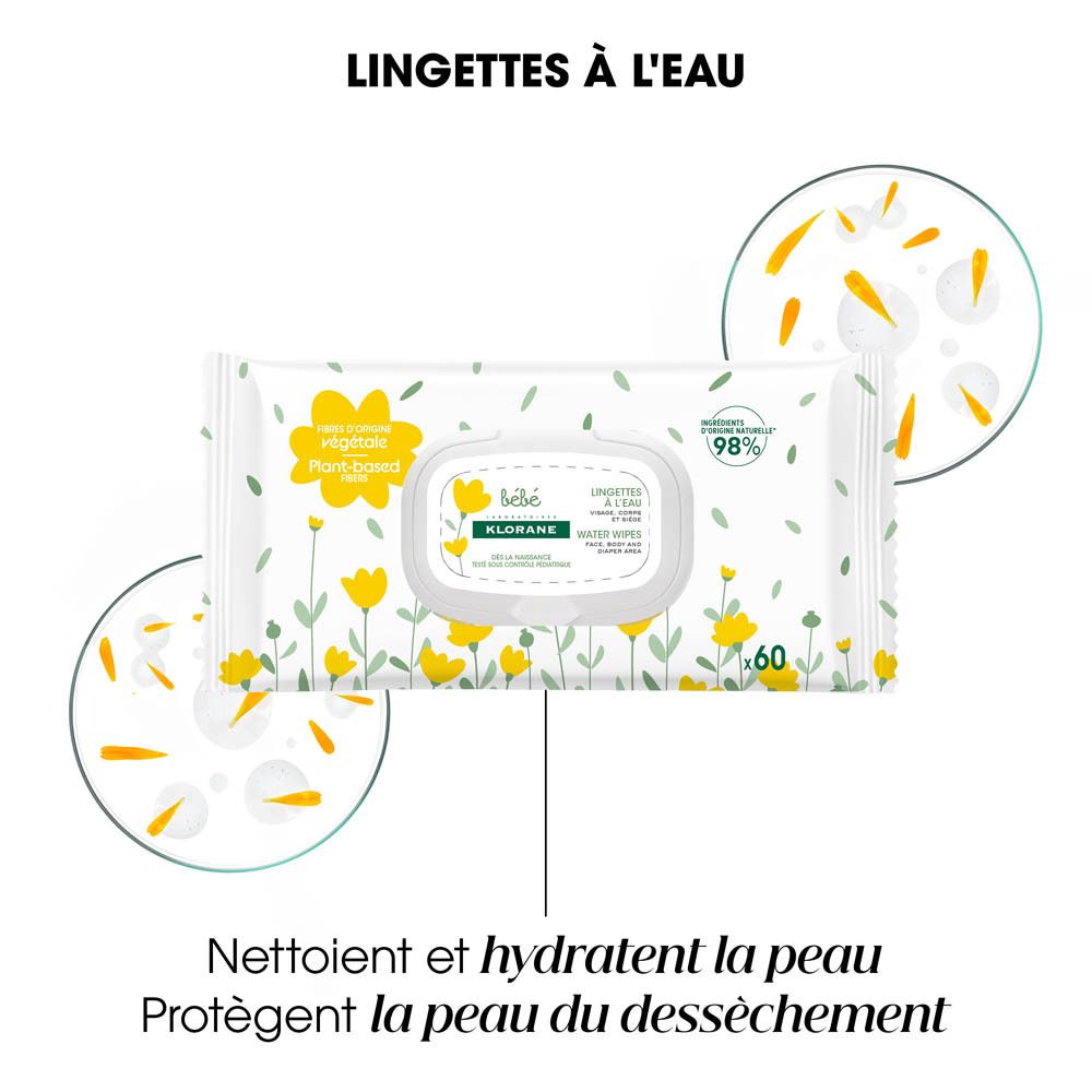 Paquet de lingettes Klorane Bébé. Texte: Lingettes à l'eau. Nettoient et hydratent la peau.