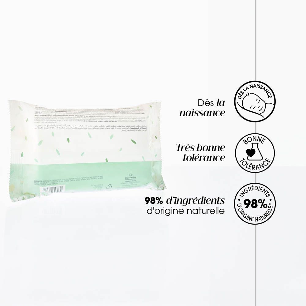 Dos du paquet de lingettes Klorane Bébé. Logos et texte: Dès la naissance, Bonne tolérance.