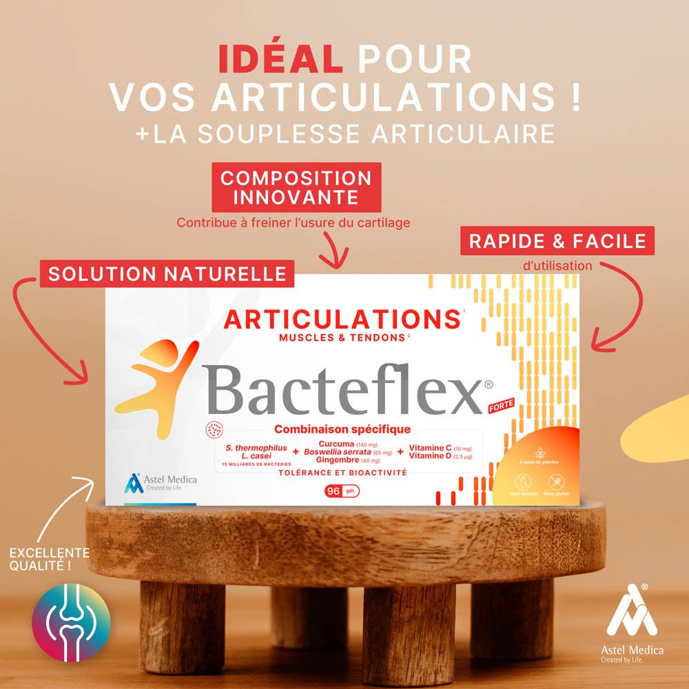 Bacteflex Forte boîte pour articulations, muscles et tendons, 32 capsules.