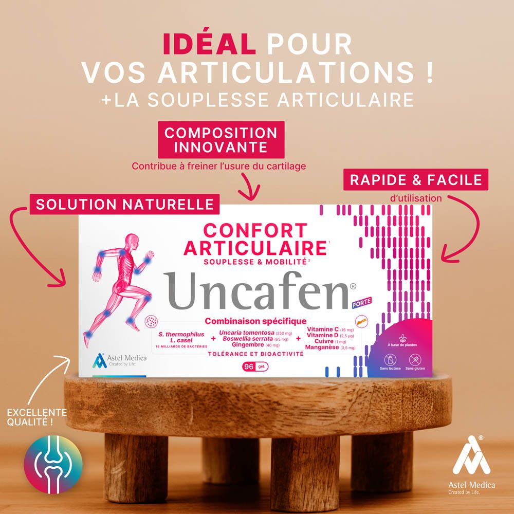 Boîte Uncafen Forte avec illustration de coureur, focus sur le confort articulaire.