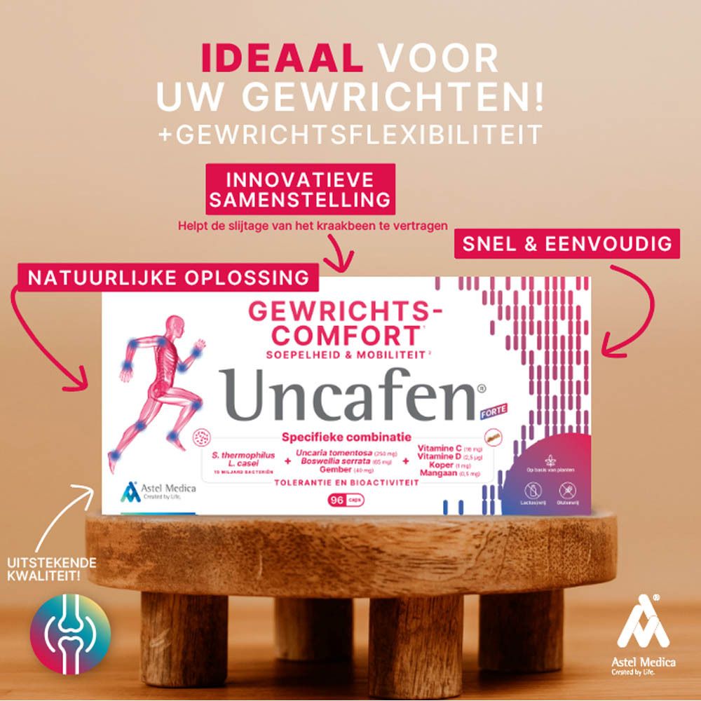 Uncafen Forte verpakking met 96 capsules, met afbeelding van een renner.