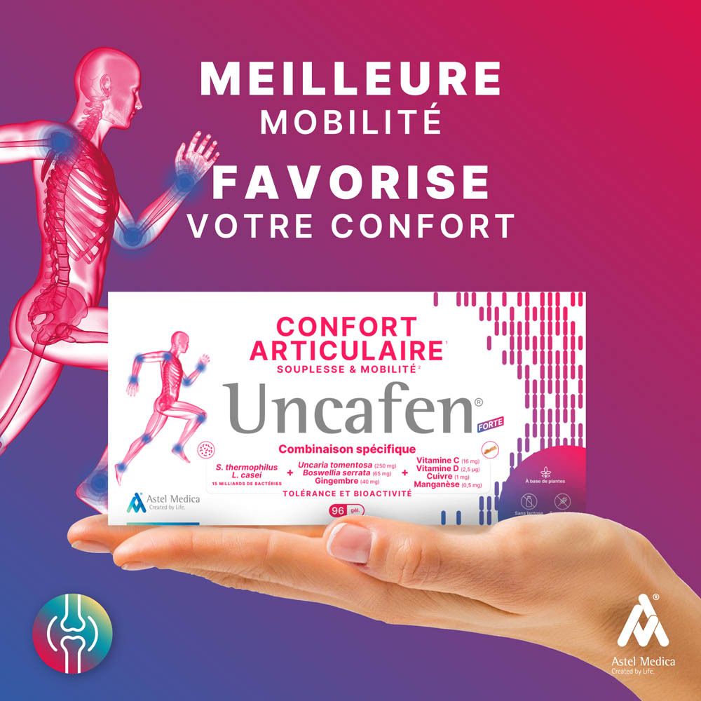 Boîte Uncafen Forte avec illustration de coureur, focus sur le confort articulaire.