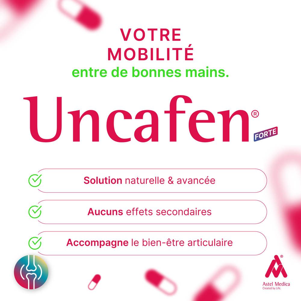 Boîte Uncafen Forte avec illustration de coureur, focus sur le confort articulaire.