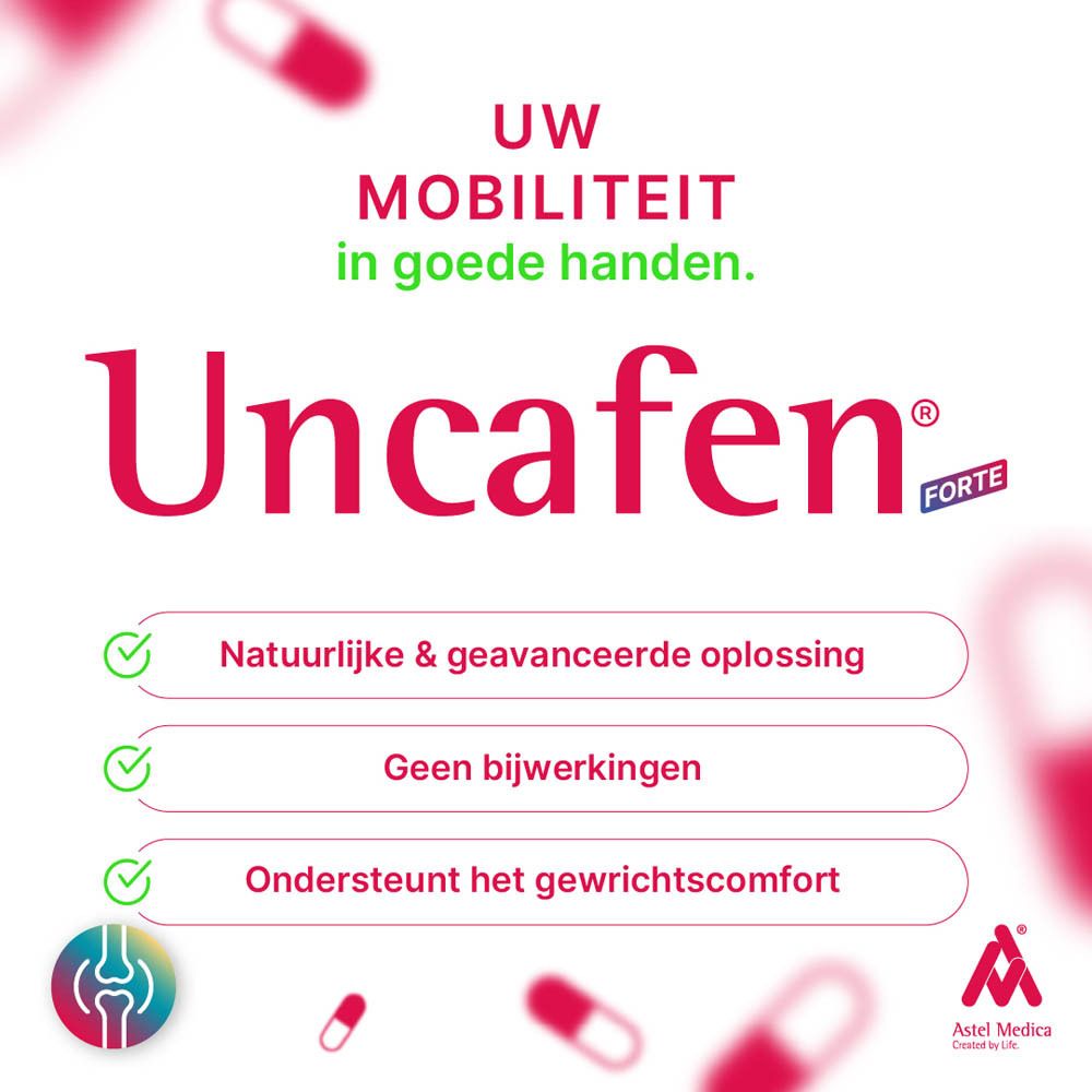 Uncafen Forte verpakking met renner-illustratie, focus op gewrichtscomfort.