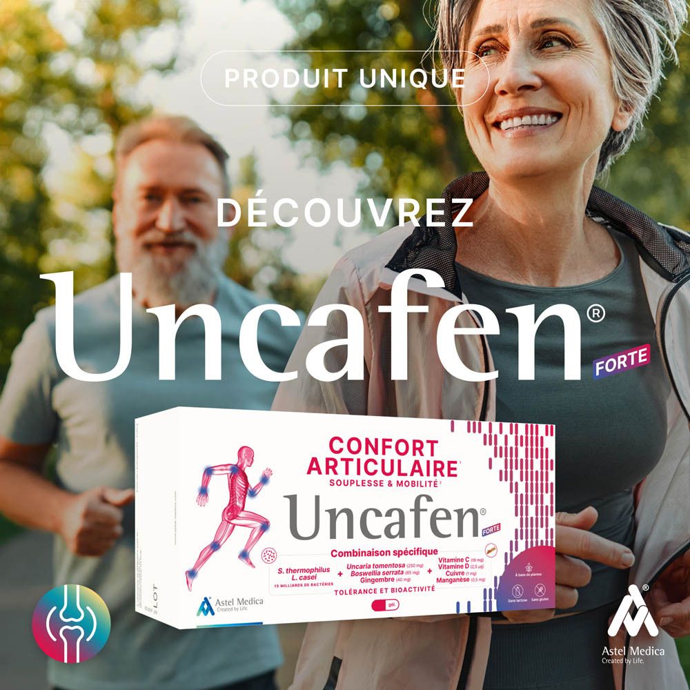 Boîte Uncafen Forte, vue latérale avec numéro de lot et informations du fabricant.