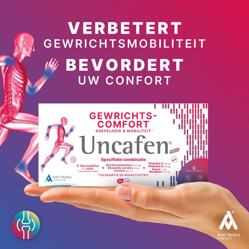Uncafen Forte verpakking, zijaanzicht met waarschuwingen en informatie van de fabrikant.